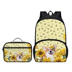 Howilath Planet Star Sky Schwarz 2 Stück / Set Doppel-Schultertasche + Mahlzeitenhalter für Kinder Jungen Mädchen Schulanfang Geschenke, Corgi Sonnenblumen-Blumenmuster, Lässiger Tagesrucksack von Howilath