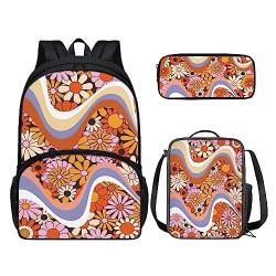 Howilath Retro Hippie Flower Swirl Welliger Tagesrucksack mit Lunchtasche Stiftebox Ästhetischer Rillen Blumen Rucksack + Picknicktasche + Stift Kit von Howilath