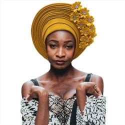 Nigerian Gele Fashion Headties For Women Head,African Head Wrap Beaded Lace Already Made Auto African Headtie For Party (Yellow) von HsHdesign