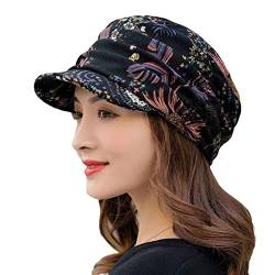 Beanie-Mützen für Frauen, Boho-Blumendruck, Wintermütze, Fleece-gefüttert, warme Mütze, Schirmmütze, Bäcker-Jungen-Mütze mit Visier, Schwarz, Einheitsgröße von HshDUti