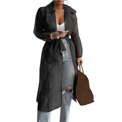 HshDUti Damen Mode Durchsichtiger Trenchcoat Schnürer Sommer Frühling Solide Durchsichtige Mesh Langarm Knopf Mantel Hemd Oberbekleidung Cardigan Lange Jacke Schwarz M von HshDUti