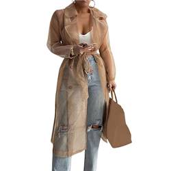 HshDUti Damen Mode durchsichtig Trenchcoat Lace Up Sommer Frühling Solide Sheer Mesh Langarm Knopf Mantel Hemd Oberbekleidung Cardigan Lange Jacke Khaki S von HshDUti