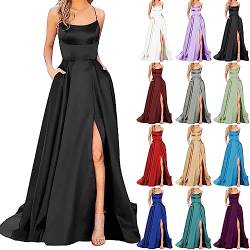 Hsternexy Abendkleid Damen Lang Ballkleider Satin mit Taschen Schlitz Ballkleid Abendkleider Backless Ärmellos A-Linie Cocktailkleid Elegant Abiballkleider Partykleid Große Größen Hochzeitskleider von Hsternexy