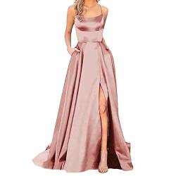 Hsternexy Abendkleid Damen Lang Ballkleider Satin mit Taschen Schlitz Ballkleid Abendkleider Backless Ärmellos A-Linie Cocktailkleid Elegant Abiballkleider Partykleid Große Größen Hochzeitskleider von Hsternexy