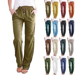 Hsternexy Leinenhose Damen Sommer Musselin Hose Leicht Casual Freizeithose Strandhose Einfarbig Weitem Bein Sommerhose Stoffhose Gerade Geschnitten Bequeme Hippie Hose mit Taschen Yogahose von Hsternexy