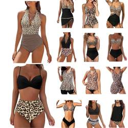 Hsternexy Leoparden Bikini Damen Set, Badeanzug Damen Bauchweg, Leopardenmuster mit Bügel Push up Tankini Bikini-Sets Sexy Bauch Weg Sport Bademode Badeanzug Neckholder Große Brüste Badeanzüge von Hsternexy