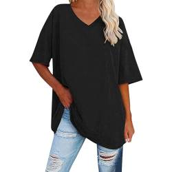 Hsternexy Oversize Shirt Damen Kurzarm Los Angeles Brief Sommer T Shirt Longshirt V-Ausschnitt Basic Sport Longbluse Tshirt Elegant Schwarz Pink Pullover Tunika Gym 3/4 Arm Bedruckt Pulli Tops von Hsternexy