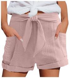 Hsternexy Shorts Damen Sommer Leinen Musselin Kurze Hose Beach Shorts Mit Taschen Mode Lässige Stoffhose Freizeit Shorts Elastische Taille Stretch Gerades Bein Sport Shorts mit Kordelzug Leinenhose von Hsternexy