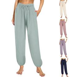 Hsternexy Sommerhose Damen Musselin Hose Leicht Lang Baumwolle Jogginghose Schlafanzughose Sommer Baggy Stretch Freizeithose Yogahose Gerade Geschnitten mit Taschen Pyjamahose Strandhose Leinenhose von Hsternexy