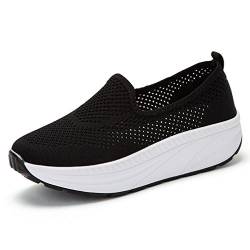 Hishoes Damen Atmungsaktiv Mesh Keilabsatz Laufschuhe Plateau Freizeitschuhe Shape-Up Fitness Laufen Sportschuhe-Schwarz1-38 EU von Hsyooes