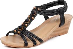 Hsyooes Plateau Sandalen Damen sandaletten mit keilabsatz Bohemia Sandalen Elegant Römersandalen Boho Schuhe Casual Strand Sommer,Schwarz D,39 EU/Hersteller 41 von Hsyooes