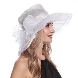 Huakunda Damen Organza Hut Kirchenhüte Faltbarer mit Blume breite Krempe Fascinators Hut für Hochzeit Tea Kirche Party (Weiß) von Huakunda