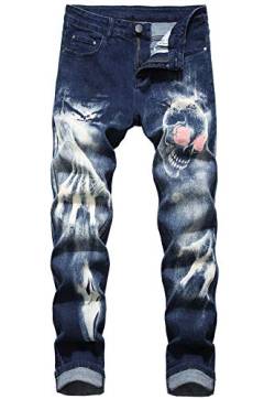 Herren Jeans Totenkopf Aufdruck Trend Chic Jeanshose Streetwear Essential Unique Retro Denim Hosen (Dunkelblau,34) von HuanHaoYu