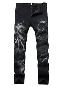 Herren Jeans Totenkopf Aufdruck Trend Chic Jeanshose Streetwear Essential Unique Retro Denim Hosen (Schwarz,34) von HuanHaoYu