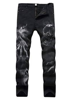 Herren Jeans Totenkopf Aufdruck Trend Chic Jeanshose Streetwear Essential Unique Retro Denim Hosen (Schwarz,40) von HuanHaoYu