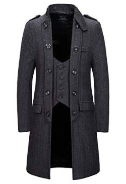 Herren Tweed Mäntel falsche 2 lange Jacke Stück Trenchcoat Essential Coat Slim Fit Mode Business Outwear Fischgrätenmuster Gr. Medium, dunkelgrau von HuanHaoYu