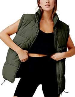 Huaqiao Damen Gesteppte Puffer Weste Leichte Ärmellos Gepolsterte Weste Jacke Stehkragen Warme Oberbekleidung, Army Grün, XL von Huaqiao