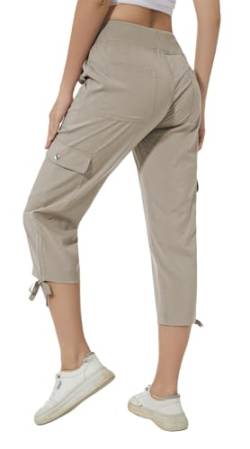 Huayuzh Damen Cargo Caprihose Wanderhose 3/4 Hose Sommer Cargohose Leichte Atmungsaktiv Athletisch Reisen Lässig Outdoorhose Khaki XL von Huayuzh