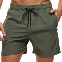 Huayuzh Herren-Badeshorts für Herren, schnell trocknend, atmungsaktiv, Strand, Surfen, Badeshorts mit Reißverschlusstaschen, Netzfutter, Army Grün, 42 von Huayuzh