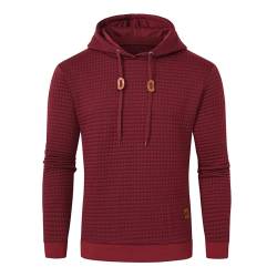 Huayuzh Hoodie Herren Kapuzenpullover Casual Langarm Karierten Jacquard Hooded Sweat Sweatshirt mit Kordelzug Kapuze Weinrot M von Huayuzh