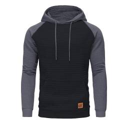 Huayuzh Hoodie Herren Kapuzenpullover Casual Langarm Karierten Kordelzug Jacquard Sweatshirt mit Kapuze Taschen Schwarz Farbblock Graublau XXL von Huayuzh