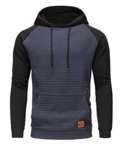 Huayuzh Hoodie Herren Kapuzenpullover Casual Patchwork Langarm Karierten Kordelzug Jacquard Sweatshirt mit Kapuze Taschen Indigo Schwarz S von Huayuzh