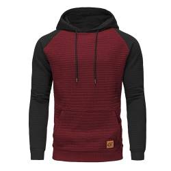 Huayuzh Hoodie Herren Kapuzenpullover Casual Patchwork Langarm Karierten Kordelzug Jacquard Sweatshirt mit Kapuze Taschen Weinrot Schwarz L von Huayuzh