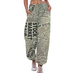 Huesdet Damen Lang Jogginghose Hohe Taille Sporthose Lose Casual Sweathose Trainingshose mit Elastischer Bund Freizeithose mit Altem Zeitungsdruck Mode Yoga Hosen Sweatpant mit Taschen von Huesdet