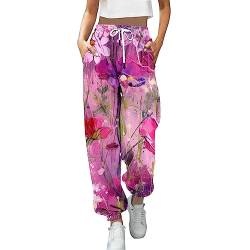 Huesdet Damen Lang Jogginghose Hohe Taille Sporthose Lose Lässige Sweathose Trainingshose mit Kordelzug und Elastischer Bund Bunt Drucken Freizeithose Mode Yoga Hosen Sweatpant mit Taschen von Huesdet