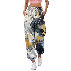 Huesdet Damen Lang Jogginghose Hohe Taille Sporthose Lose Lässige Sweathose Trainingshose mit Kordelzug und Elastischer Bund Bunt Drucken Mode Freizeithose Yoga Hosen Sweatpant mit (Z01-Grey, M) von Huesdet