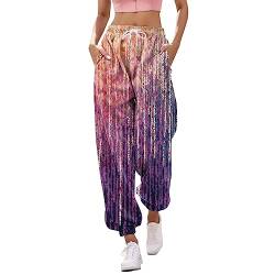 Huesdet Damen Lang Jogginghose Hohe Taille Sporthose Lose Lässige Sweathose Trainingshose mit Kordelzug und Elastischer Bund Bunt Drucken Mode Freizeithose Yoga Hosen Sweatpant mit (Z01-Purple, XL) von Huesdet