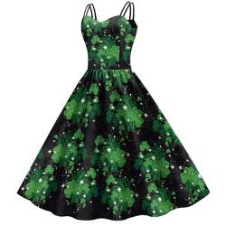 Huesdet St.Patricks Day Kleid Damen Ärmellos Vintage Cocktailkleid Elegant Grün Shamrock Kostüm Swing Party Rockabilly Kleider Kleeblatt Abendkleid Mode von Huesdet