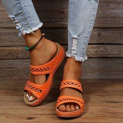 Hufu Damen Pantoletten Sommer, Modische Peeptoes Keilsandalen, Elegant Orthopädische Sandalen, Boho Sandale Badesandalen Frauen, Römersandalen Sommerschuhe Mit Absatz (35, Orange) von Hufu