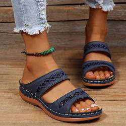 Hufu Damen Pantoletten Sommer, Modische Peeptoes Keilsandalen, Elegant Orthopädische Sandalen, Boho Sandale Badesandalen Frauen, Römersandalen Sommerschuhe Mit Absatz (36, Navy Blau) von Hufu