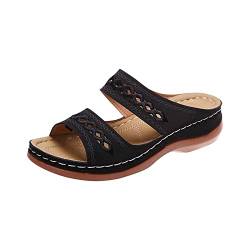 Hufu Damen Pantoletten Sommer, Modische Peeptoes Keilsandalen, Elegant Orthopädische Sandalen, Boho Sandale Badesandalen Frauen, Römersandalen Sommerschuhe Mit Absatz (36, Schwarz) von Hufu