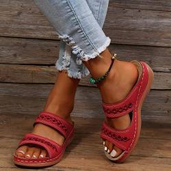 Hufu Damen Pantoletten Sommer, Modische Peeptoes Keilsandalen, Elegant Orthopädische Sandalen, Boho Sandale Badesandalen Frauen, Römersandalen Sommerschuhe Mit Absatz (40, Rot) von Hufu