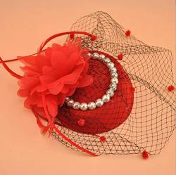 1920s Perlen Veil Mesh Headwear Stirnbänder Frauen Fascinator Pillbox Hut Hochzeit Braut Elegant Haarreif Cocktail Tee Party Damen Fasching Kostüm Accessoires (Rot) von HuiXinXue