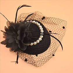 1920s Perlen Veil Mesh Headwear Stirnbänder Frauen Fascinator Pillbox Hut Hochzeit Braut Elegant Haarreif Cocktail Tee Party Damen Fasching Kostüm Accessoires (Schwarz) von HuiXinXue