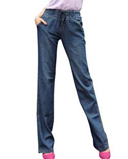 Damen Bootcut Jeanshose Weites Button Bein Loose Schlaghose Mit Taschen Elegant Elastische Taille Breites Bein Hosen (Color : Dunkel Blau, Size : 2XL) von Huixin