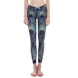 Frauen Pfau Federn Gedruckt Leggings Yoga Aktive Elegant Hosen Workout Leggings Stretch Strumpfhosen Laufen Sport Hosen (Color : PhotoColor, Size : M) von Huixin