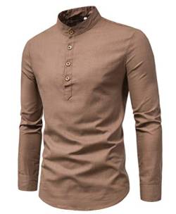 Herren Hemd Retro Casual Bequem Langarmshirt Regular Fit Unifarben Baumwolle Und Leinen Stehkragenhemd Oberteile (Kaffee,3XL) von Huixin
