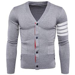 Herren Jacket Herbst Leichte Strickjacken Feinstrick Pullover Herrenmode Ausschnitt V Slim Fit Strickmantel Fashion Langarm Splice Streifen Mantel Outerwear (Color : Hellgrau, Size : L) von Huixin