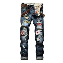 Herren Slim Jeans Zerrissen Straight Leg Herrenmode Clubwear Hrenjeans Jeanshose Freizeithose Retro Abzeichen Denim Hose (Color : Blau, Size : 30-Waist76CM) von Huixin