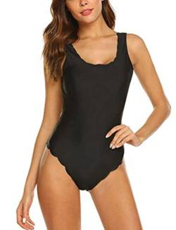 Huixin Damen Einfarbig Badeanzug Schwimmanzu Mit Spitze Overall Figurformend Jung Bauchweg Schwimmanzug Bademode Einteiler Swimwear Schlankheits Swimsuit Rückenfrei Monokini Für Sommer (Schwarz,L) von Huixin