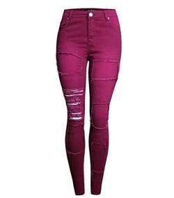 Huixin Damen Jeans Stretch Distressed Lässige Zerrissen Löcher Jeanshose Denim Hose Elegant Button Mit Taschen Freizeithose (Color : WineRed, Size : 2XL) von Huixin