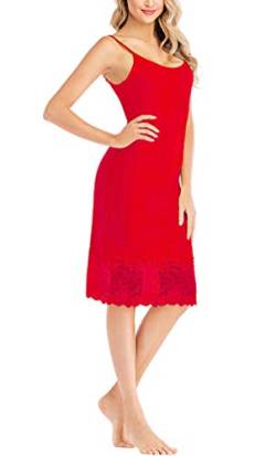 Huixin Damen Unterkleid Knielang Unifarben Nachthemd Ärmellos Spleiß Spitze Nachtkleid Trägerkleid Slim Fit Gemütlich (Rot,M) von Huixin