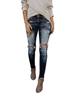 Huixin Jeans Für Frauen Zerrissen Schlank Löcher Leggings Bleistifthose Knöpfen Mit Elegant Taschen Jeanshose Pants (Color : Dunkelblau, Size : XL) von Huixin