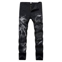 Huixin Jeanshosen Männer Nner Mittlere Taille Gerade Herrenmode Casual Stretch Vintage Schädel Printing Jeans Denim Hosen Trousers (Color : Schwarz, Size : 34) von Huixin