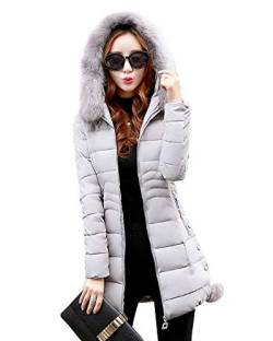 Parka Damen Winter Elegante Lang Steppmantel Langarm Slim Fit Festlich Einfarbig Fashion Verdicken Warme Daunenmantel Steppjacke Mit Fellkapuze (Color : Grau, Size : XL) von Huixin