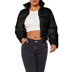 Damen Crop Kurze Jacke Cropped Puffer Mode Jacken für Frauen Warm Winter Leicht Mantel, schwarz, 4X-Large von Hujoin